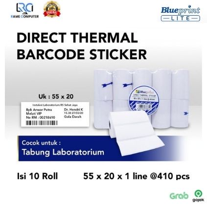 10 roll Direct Thermal Sticker / Label Stiker BLUEPRINT 55x20x1 Line Isi 410 55x20 x 1 line Cocok untuk tabung laboratorium