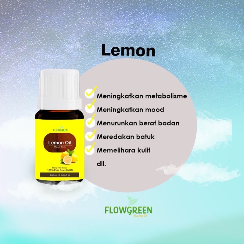 Lemon Essential Oil Flowgreen Diffuser Humidifier - Minyak Aroma Terapi Essential Oil Lemon Pure