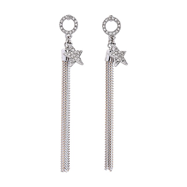 LRC Anting Tusuk Fashion Silver Star-studded Tassel Earrings F52092