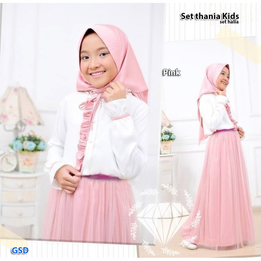 Setelan baju dan Rok Tutu anak umur 7-9th/Free Hijab/ Kombinasi Saten dan Tile yg halus / Set Thania