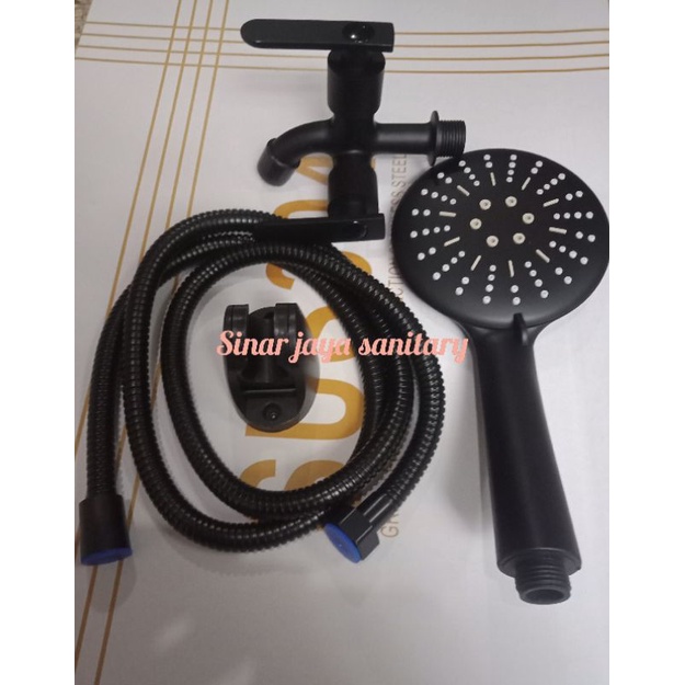 Hand shower set bulat hitam / Hand shower bulat komplit + kran cabang hitam