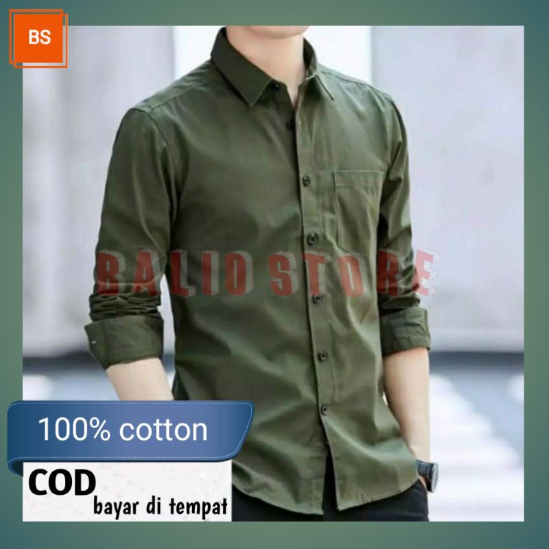 Pakaian Baju Hem Kemeja Atasan Casual Polos Lengan Panjang Cowok Pria Laki-laki Warna Hijau Army