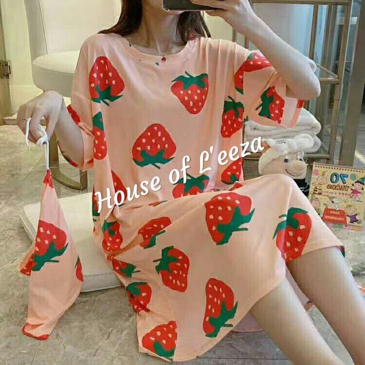 Daster FREE  pouch -  STRAWBERRY/ Baju Tidur Terusan Daster Viral Kekinian Import Dapat Pouch Kain