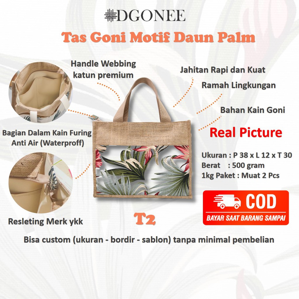 Dgonee T2 Motif Daun Palm Tas Tote Bag Totebag Kain Goni Belanja Kerja Kuliah Wanita Custom | T205