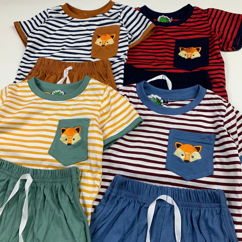 setelan playsuit anak kaos rumah adem baby 1-5 tahun unisex STRIPE ANIMAL TEE SET celana pendek pineapple kids