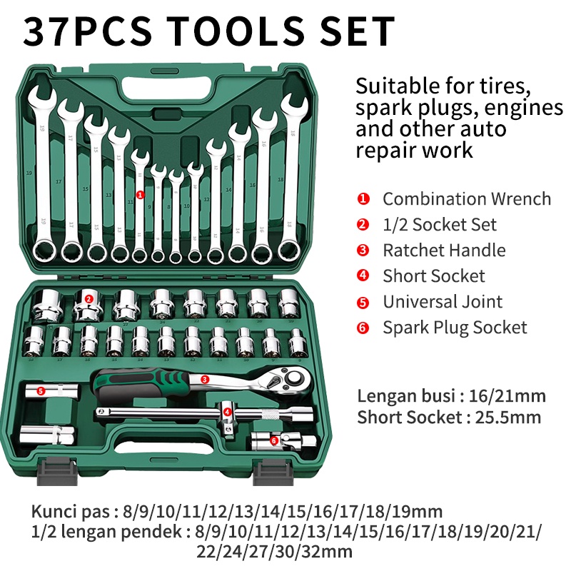 ISKU Kunci Shock Set 37pcs/Full Lengkap Socket Toolkit 37pcs Termasuk Kunci Pas Ring Set 12pcs Dan 21pcs Mata Shock