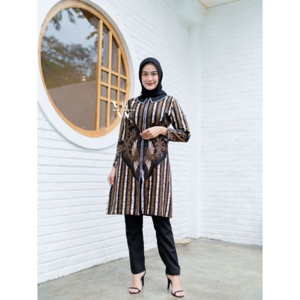 tunik ziper bambu coklat/tunik batik premium atasan batik wanita kantor