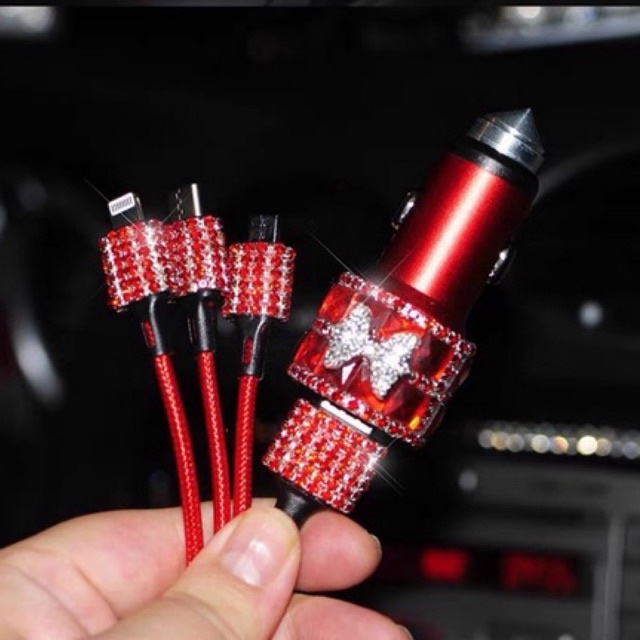 set charger mobil merah fast charger  mobil Fcid Kabel Charger Dual Port Usb Aksen Berlian Imitasi Bling Untuk Mobil