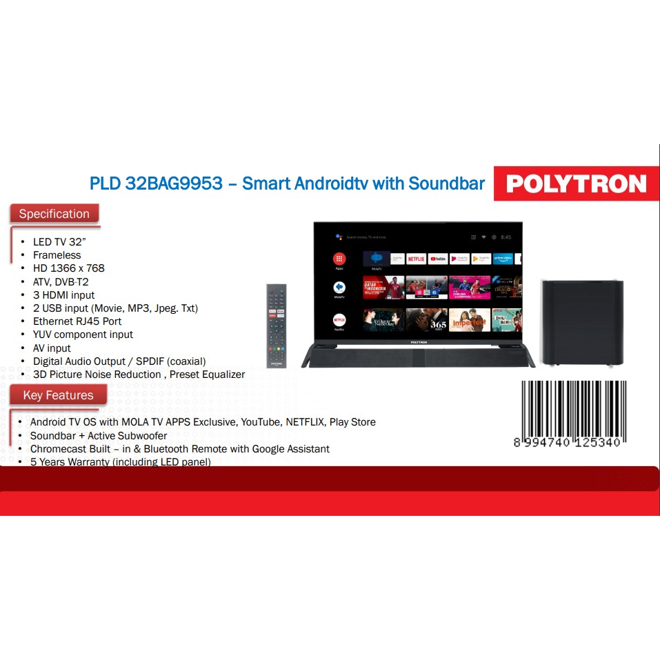 POLYTRON SMART TV MOLA TV PLD 32BAG5959 CINEMAX SOUNDBAR GARANSI RESMI 32 inch 32BAG9953