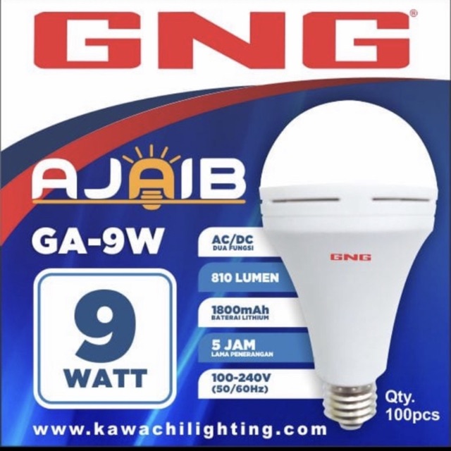 Lampu LED Ajaib 9 watt GNG otomatis nyala batrai bisa ganti ACDC