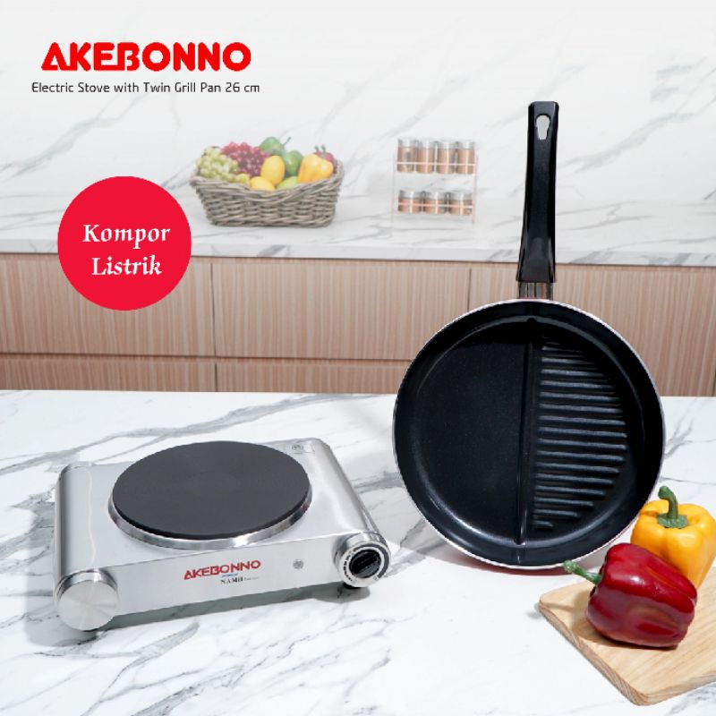 Kompor Listrik Portable Low Watt Kecil 1 Tungku Akebonno Murah Kompor Traveling Free Fry Pan Teflon 
