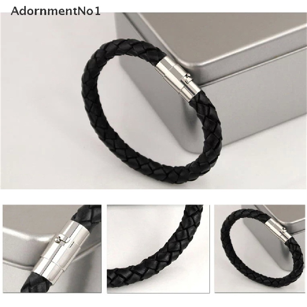 (AdornmentNo1) Gelang Tangan Kulit Hitam Aksen Buckle Magnet Bahan Stainless Steel Untuk Pria / Wanita