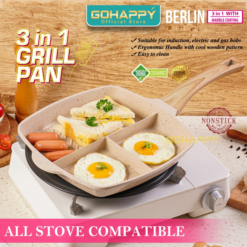 Everlux Berlin Grill Pan 3 sisi - Gohappy Panci Pemanggang Anti lengket - Alat panggang 3 sekat devider