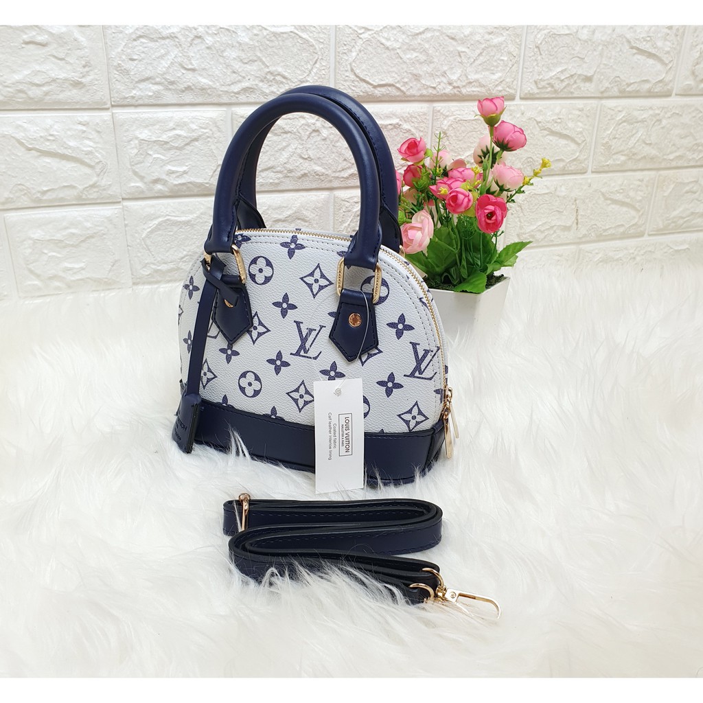 TAS PUNGGUNG WANITA CANTIK BERKILAU 0/ LV ALMA SUPER MINI PUTIH X NAVY 2 TALI