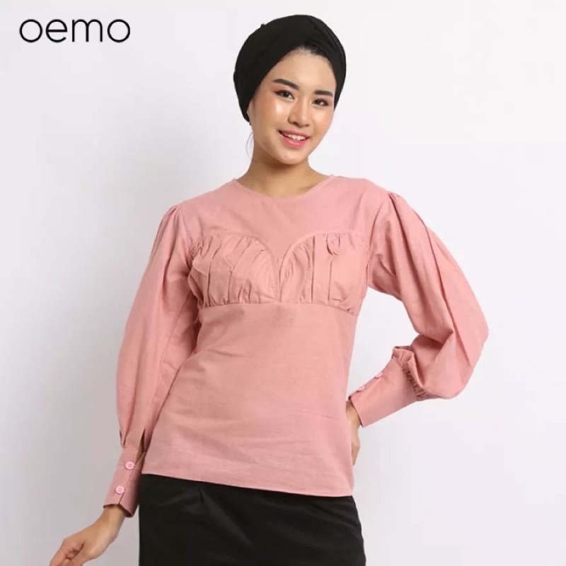 OEMO Linen Women Top neck blouse with long sleeve blouse atasan