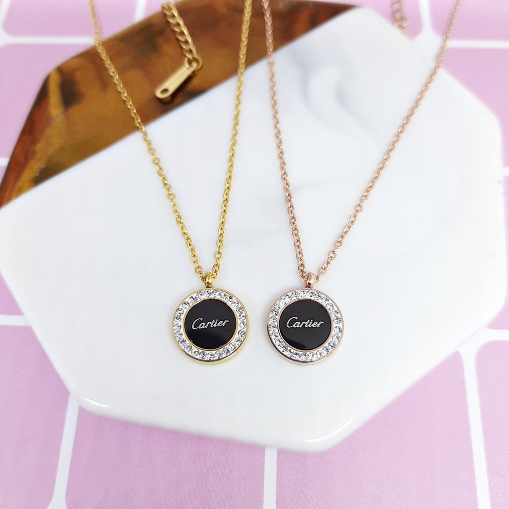 Kalung Titanium Liontin Bulat Hitam Korean Style Rose Gold - BN434