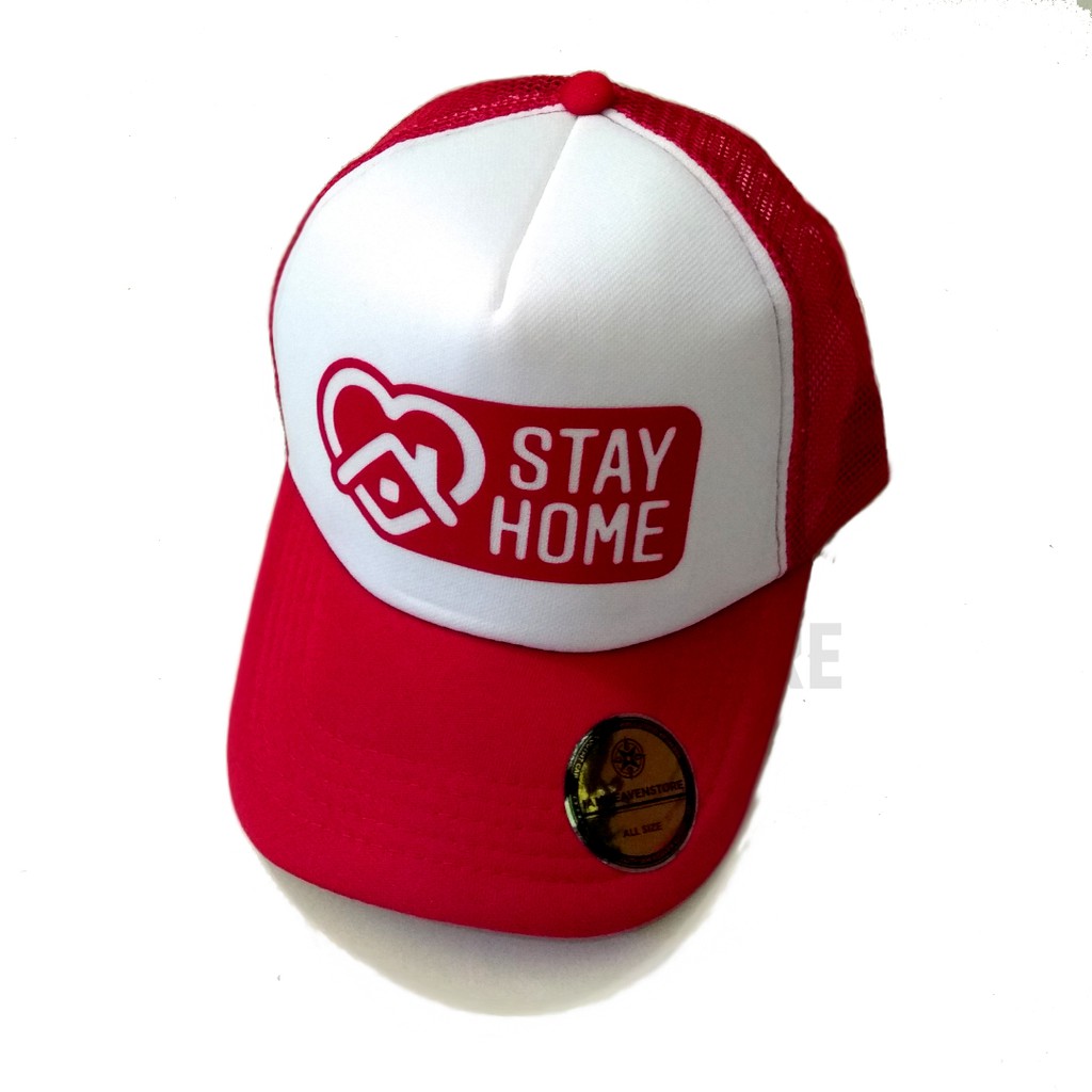 Topi Stay Home Dirumah Aja Trucker Jaring Merah Putih Pria Wanita