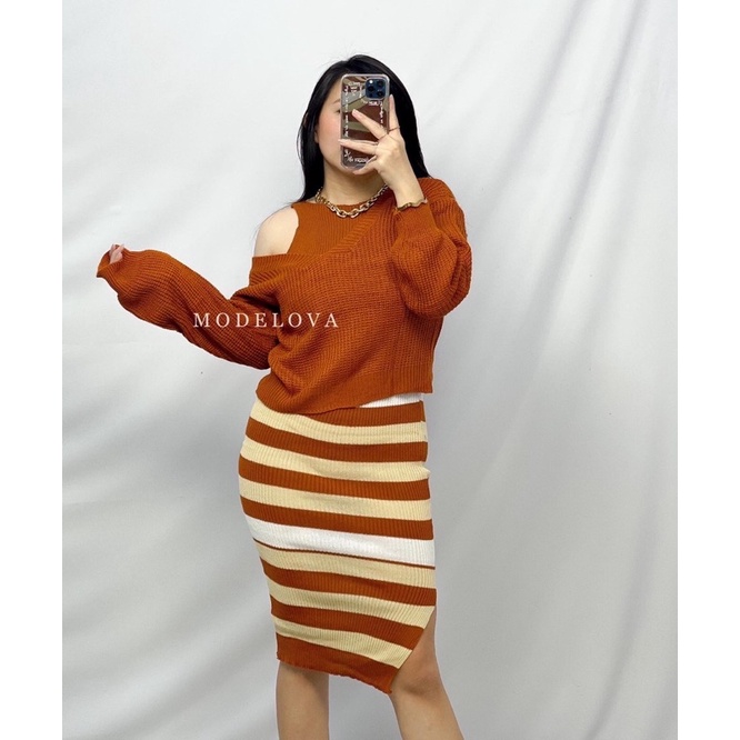 MDLV ~ SET YUPI RAJUT STRIPE SET RAJUT BAJU RAJUT  FASHION WANITA