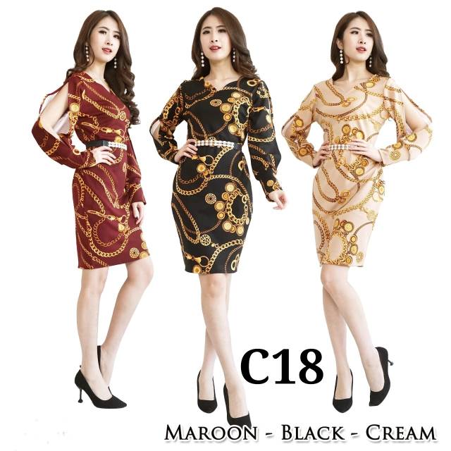 Gold Chain Dress C18 dress tebal Dress super Scuba Lengan Bolong