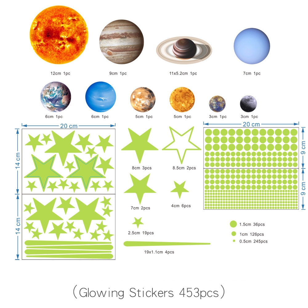 525pcs/pack Luminous Moon Stars Planets Fluorescent Wall Sticker/DIY Stiker Dinding Decal Digunakan Untuk Dekorasi Rumah/Self-adhesive Kamar Tidur Langit-Langit Kabinet Glow In The Dark Wallpaper