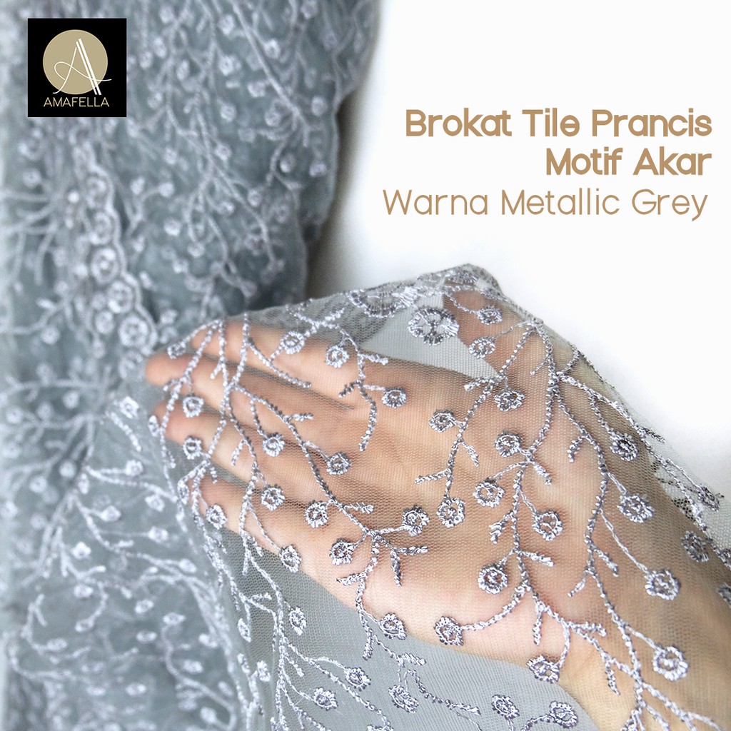 1/2 meter Kain Brokat Brukat Tile Prancis Bahan Kebaya Motif Akar Warna Metallic Grey Abu