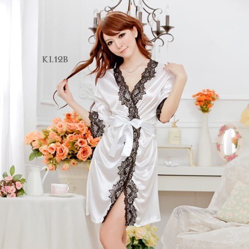 SET BAJU TIDUR KIMONO  SEKSI SATIN WANITA PUTIH - KL12B