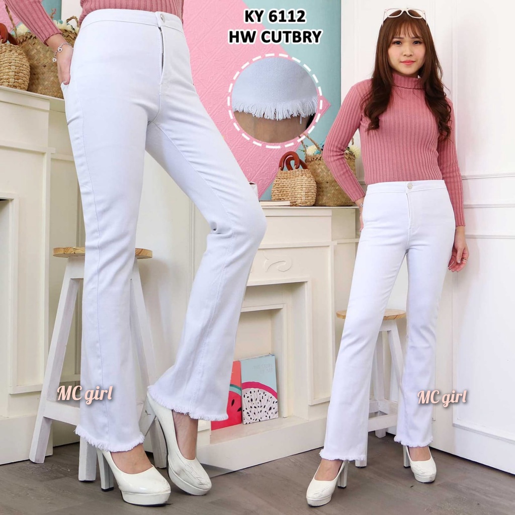 ( Size 27 - 34 ) MC girl - Cutbray High Waist Jeans Warna Putih Wanita / Celana Jeans Pinggang Tinggi Cutbray Rawis Cewek / Cutbrai Highwaist Rumbai / Cutblay Haiwes / HW / Boot Cut / Kaki Lebar / Kaki Gede / Kaki Besar 7C-G
