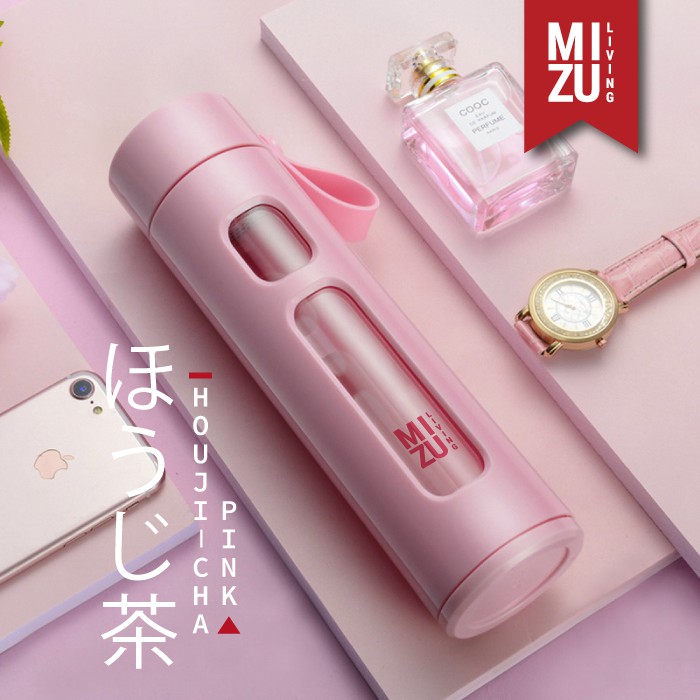 HOUJI-CHA Glass Water Bottle Botol Air Minum Kaca Tumbler 450ml Saringan Teh Infused Water BPA-Free-PINK