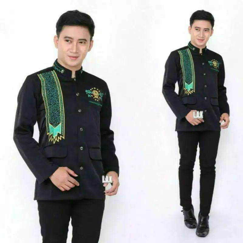 KARTIKA JASKO JAS KOKO WARNA HITAM KOMBINASI BORDIR SORBAN DI PUNDAK LOGO NU NADHATUL ULAMA HITAM HI