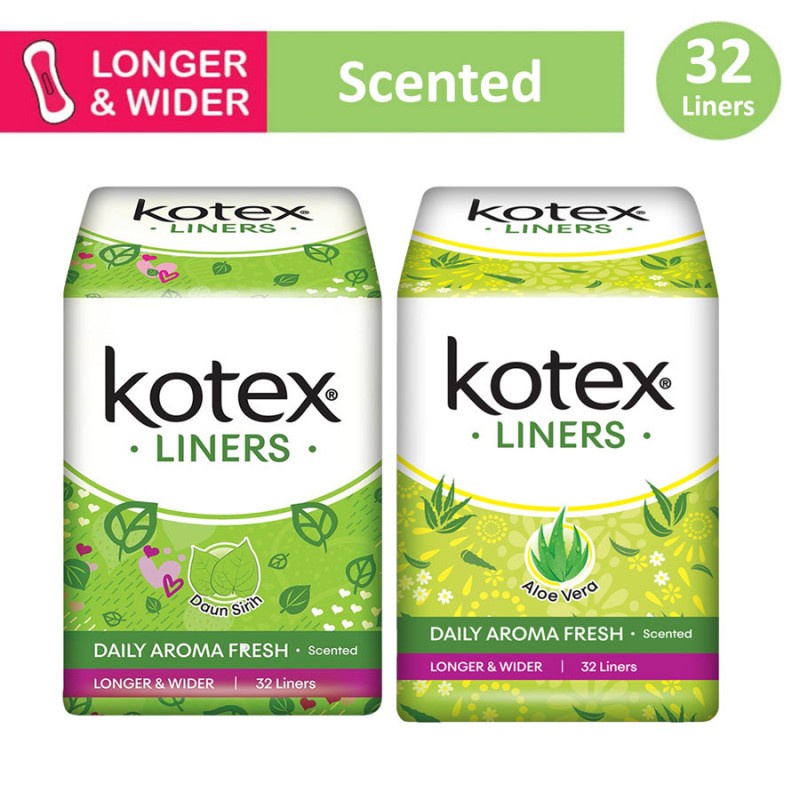 Kotex Fresh Liners Longer &amp; Wider Panty Liner Pembalut 32 s - Daun Sirih / Aloe Vera