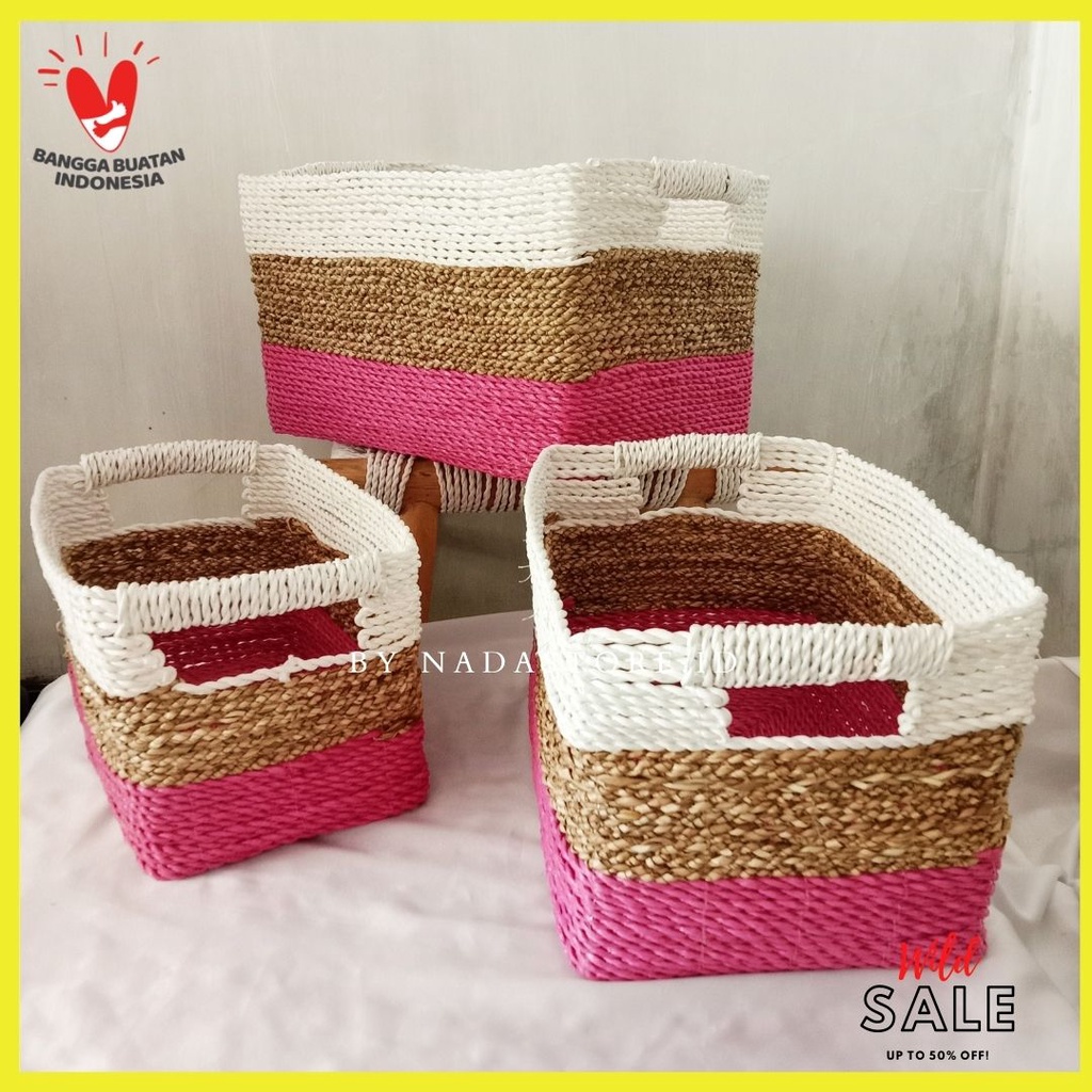 KERANJANG SEAGRASS / BOX SEAGRASS HANDLE NATURAL PUTIH / STORAGE BOX MULTIFUNGTION / HAMPERS BOX / KOTAK KADO