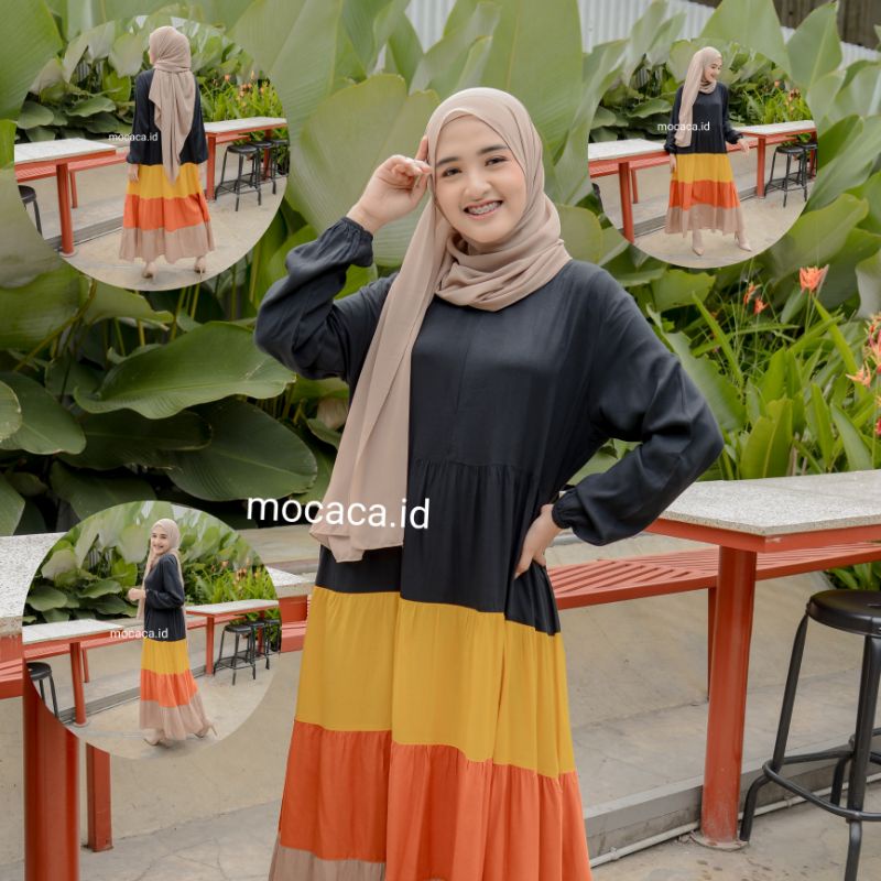 midi dress campur warna rainbow hitam kuning orens coksu cream busui friendly ootd update 2021sleting wudhu lengan karet