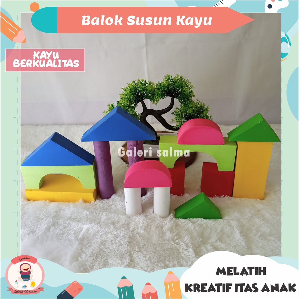 Balok Susun Bangunan Kayu Besar Mainan Kayu Balok Edukasi Anak Montessori Anak TK PAUD Alat Peraga