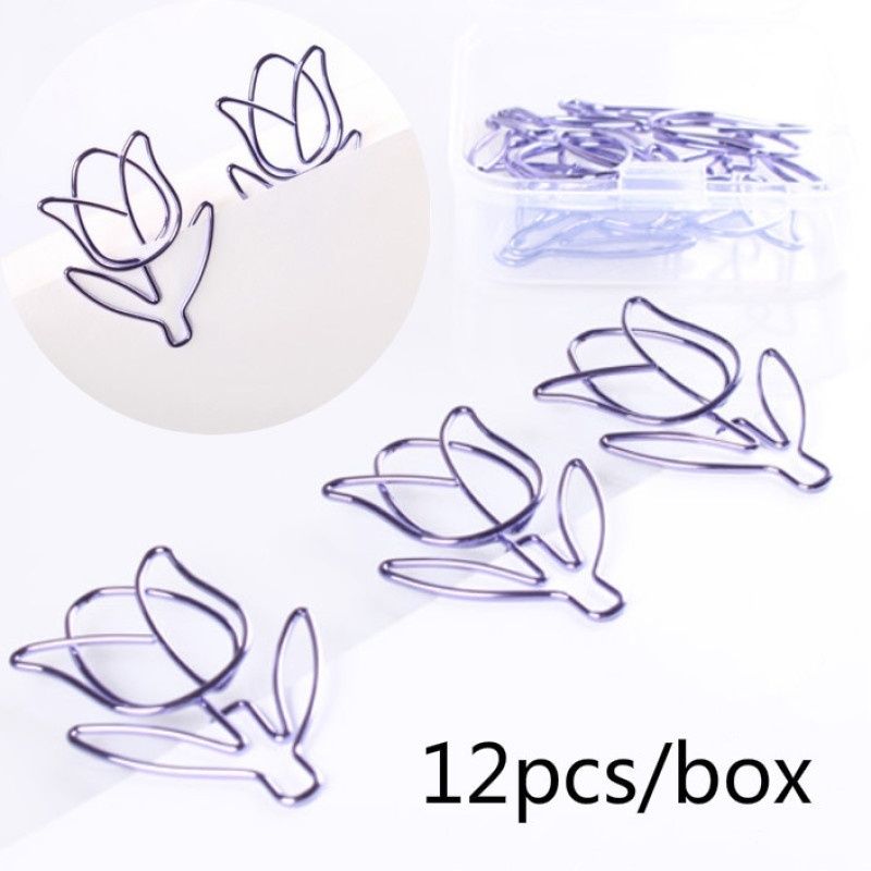 12pcs/box Purple Tulip Shaped Photos Tickets Notes Letter Paper Clip Stationery