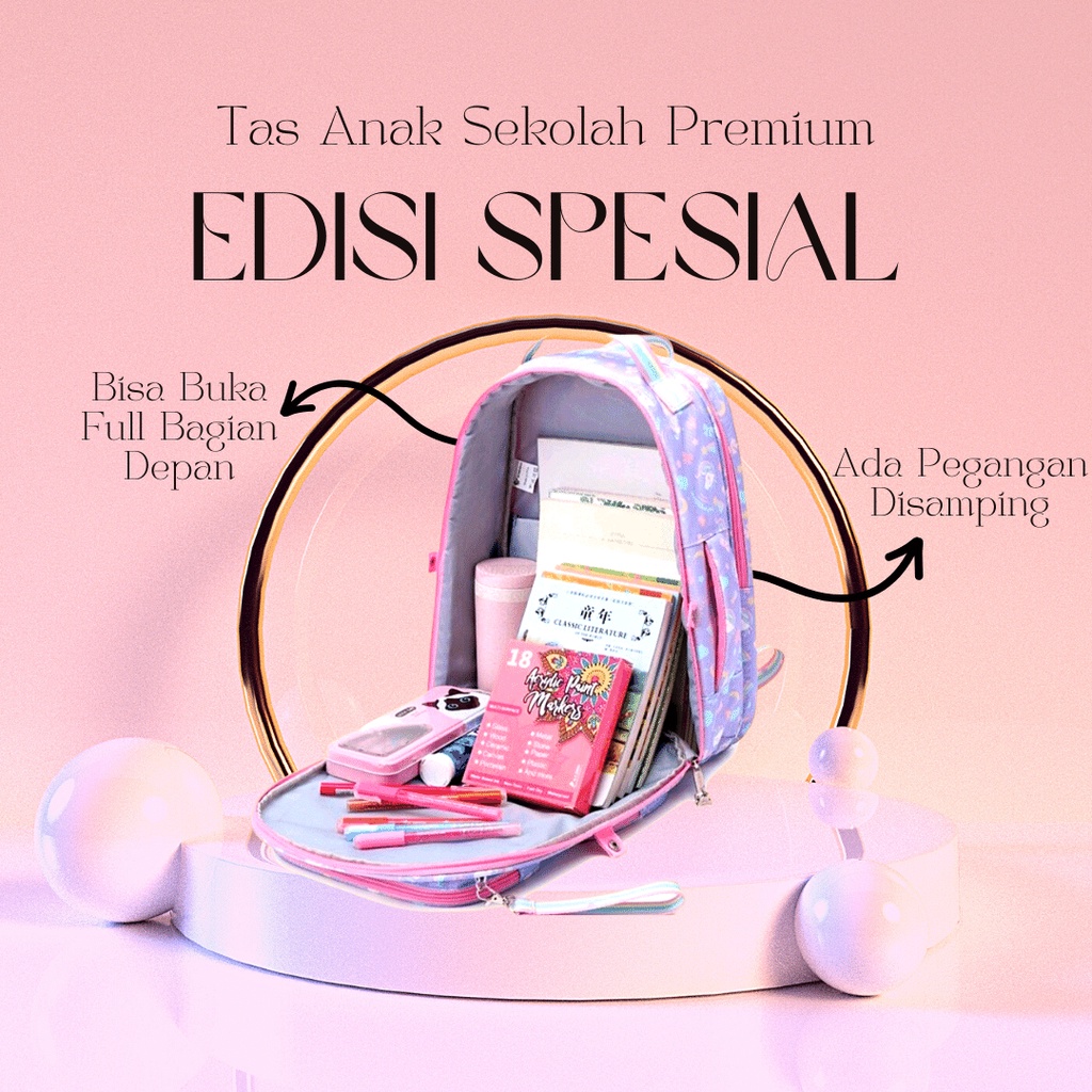 LMB Tas Anak Sekolah Perempuan SD SMP Remaja Import Bahan Premium Rainbow Bagian Depan Bisa Buka Full