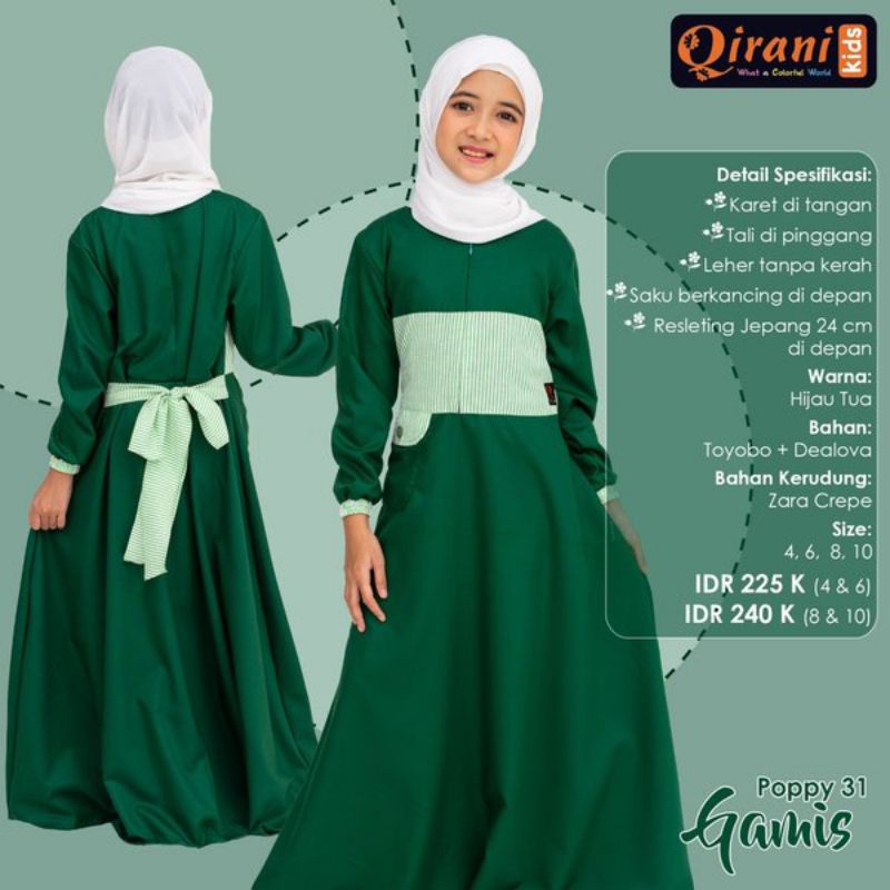 #Qirani kids poppy 31 Hijau, Gamis anak set Hijab