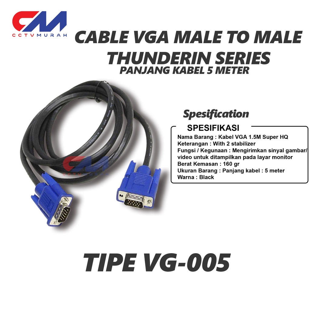 Kabel VGA Thunderin VG-005 Biru - Panjang 5 Meter