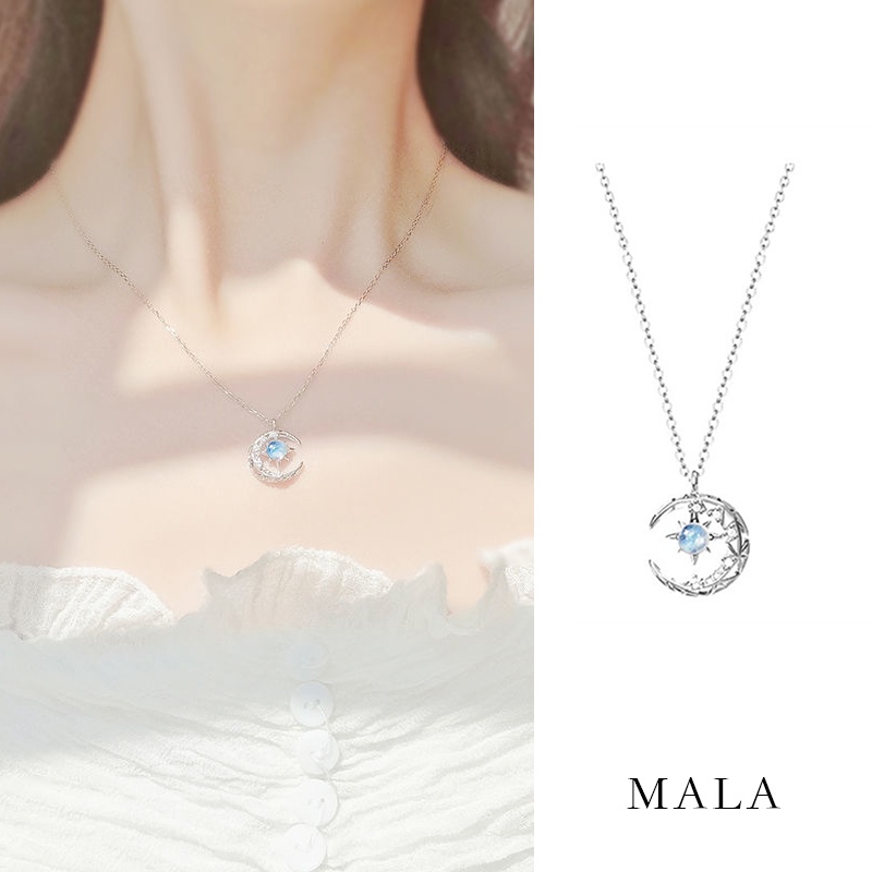 Kalung Liontin Bulan Bintang Biru Model Hollow Gaya Korea Untuk Wanita