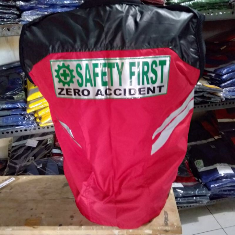 ROMPI SAFETY HSE MERAH HITAM BAHAN FULL TASLAN RESLETING FREE LOGO K3 BENDERA ZERO ACCIDENT