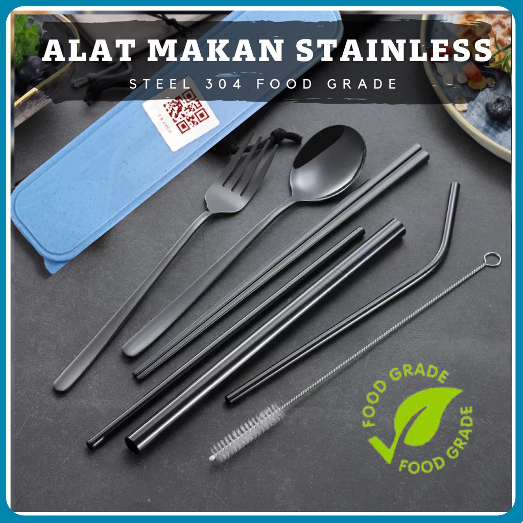Sendok Cantik Korea 1 Set Elegan Mewah Sendok Makan+Garpu+Sedotan Stainless - black metalic
