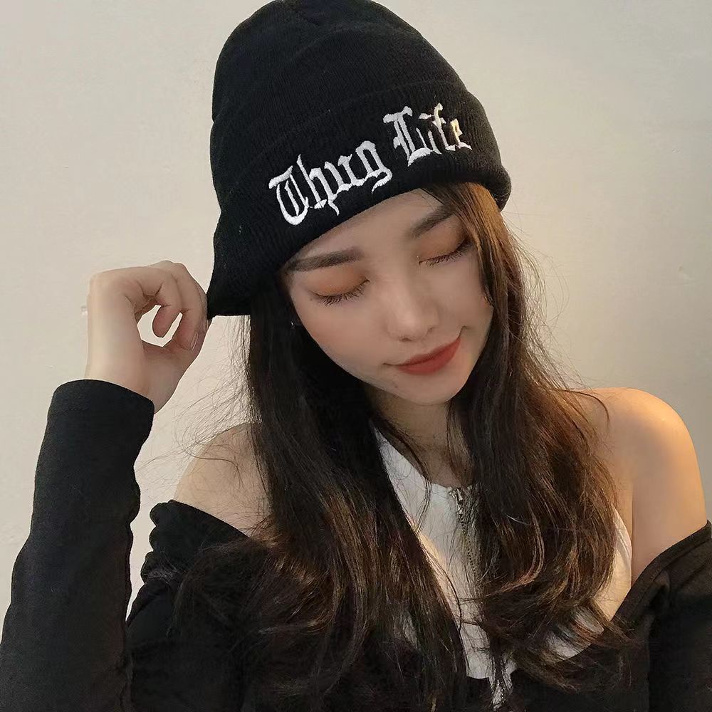 Topi beanie Rajut Motif Bordir thug life Bahan Katun Untuk Pria Dan Wanita