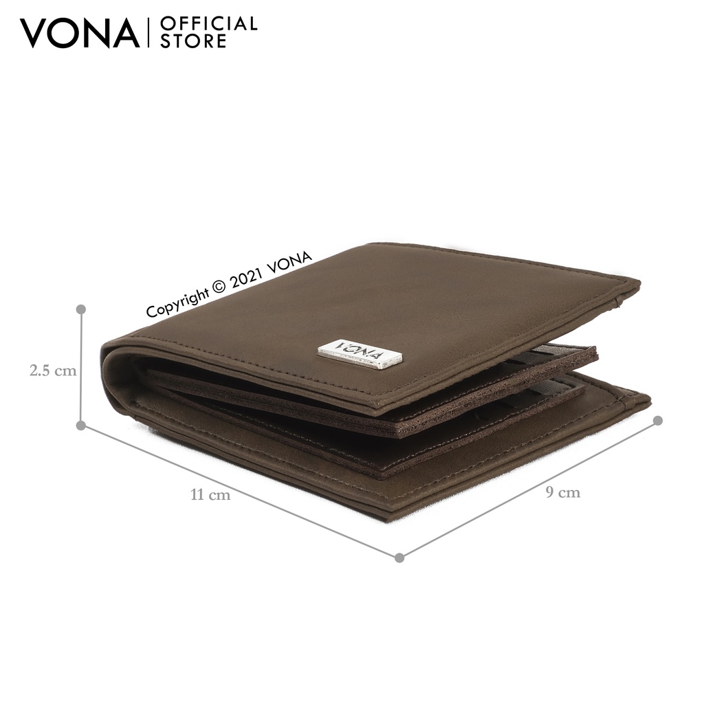 VONA Dompet Pria Lipat 3 Ruang Pendek Kulit PU Banyak Slot Kartu - Hitam Dark Brown - NOAH-7