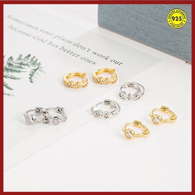 Anting Klip Bentuk Bulat Bahan Sterling Silver Aksen Zircon Anti Alergi