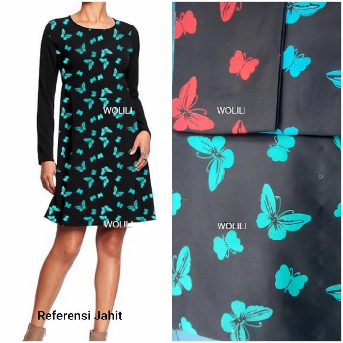 Kain Maxmara Kembang motif KUPU-KUPU. Dasar Kain Hitam. Harga per 50cm