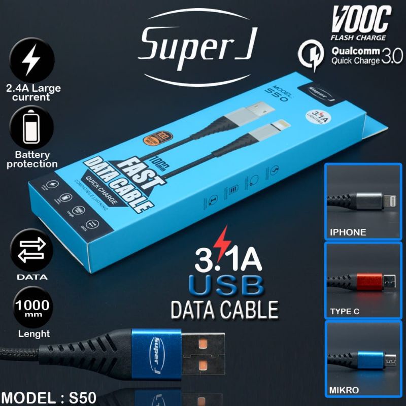 Kabel Data / Kabel Charger Super J 3.1A S50 for All Android Suport Fast Charging