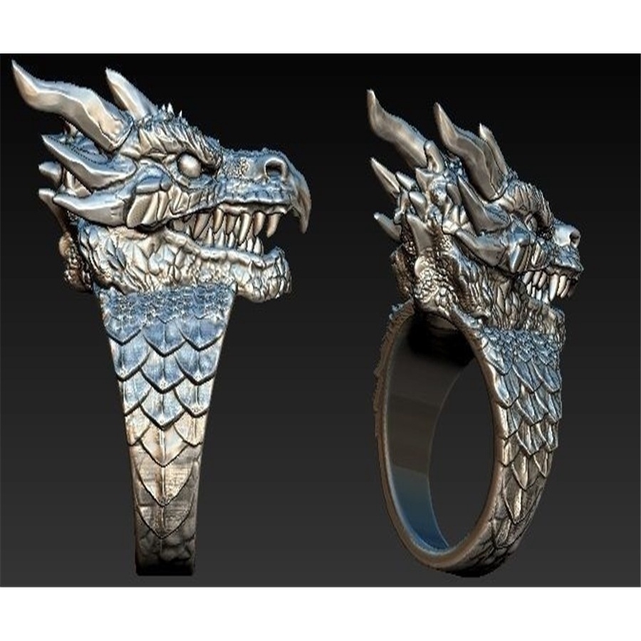 Cincin Bentuk Naga Gaya Punk Hip Hop Warna Silver Untuk Pria