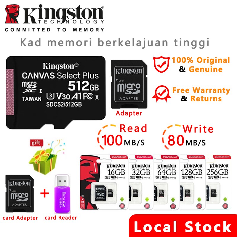 【LOCAL STOCK】Kingston SD Card Micro Sd Card Memory Card Class 10 80MB/s 64G/256GB/128GB/512GB TF