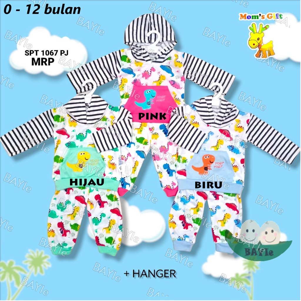 BAYIe - Setelan Kaos Oblong Bayi / Anak Lengan PANJANG+Hoodie Motif SALUR DINO SPT 1067 MOM'S GIFT umur 0 - 12 bulan