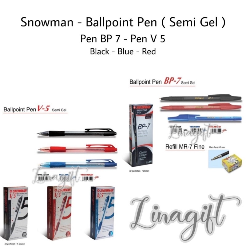 ( La 12 Pc ) SNOWMAN PEN - BALLPOINT ( SEMI GEL ) - PULPEN BP 7 - CABUT /  V5 CETEK - HITAM / BIRU / MERAH - RED BLUE BLACK