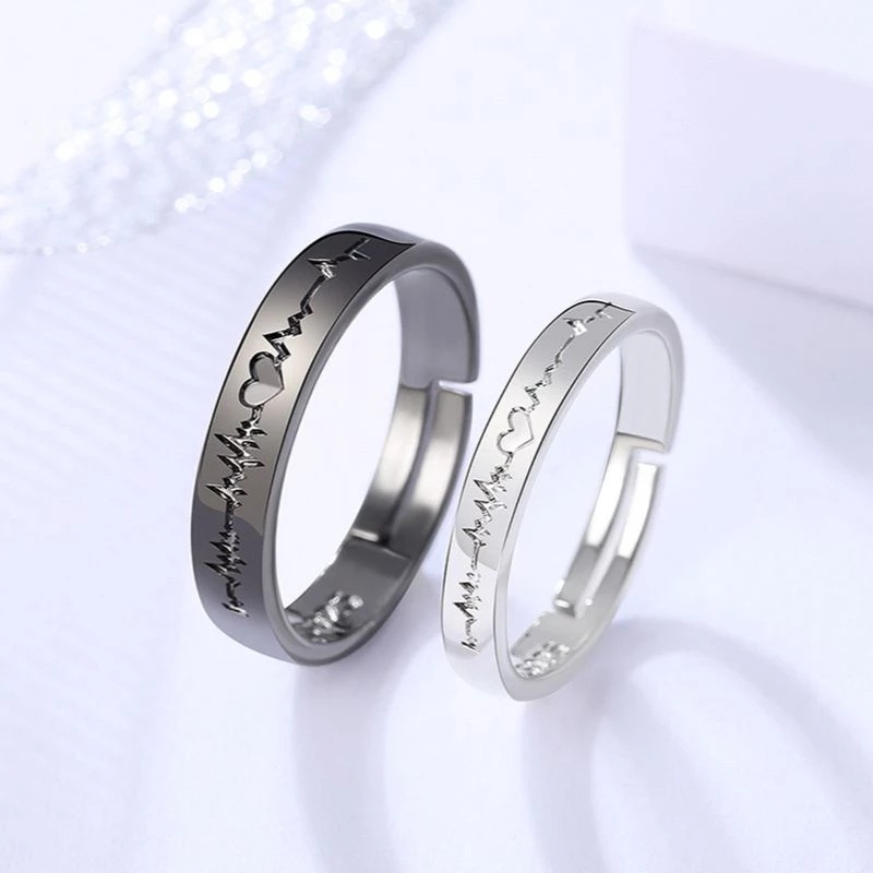 Cincin Pasangan Motif Tulisan ECG Forever Love Warna Hitam / Putih Untuk Pria / Wanita